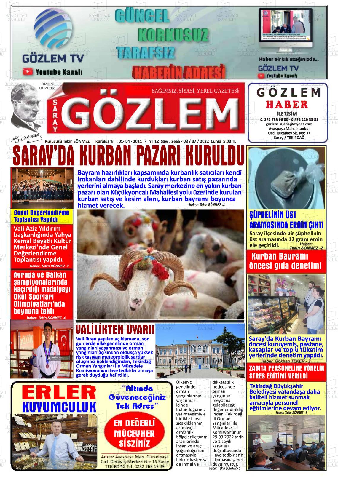 08 Temmuz 2022 Saray Gözlem Gazete Manşeti