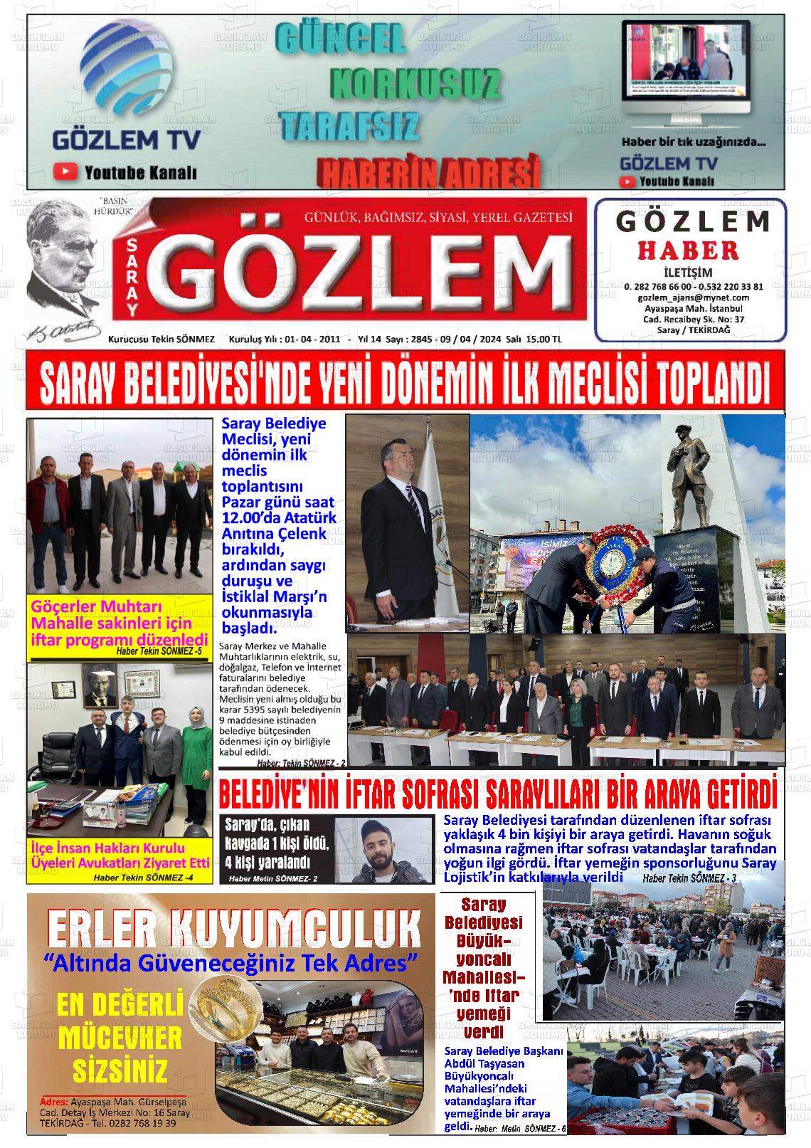 09 Nisan 2024 Saray Gözlem Gazete Manşeti