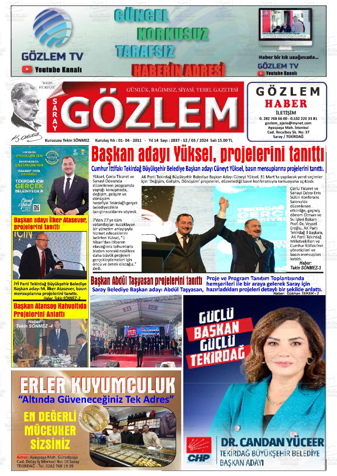 12 Mart 2024 Saray Gözlem Gazete Manşeti