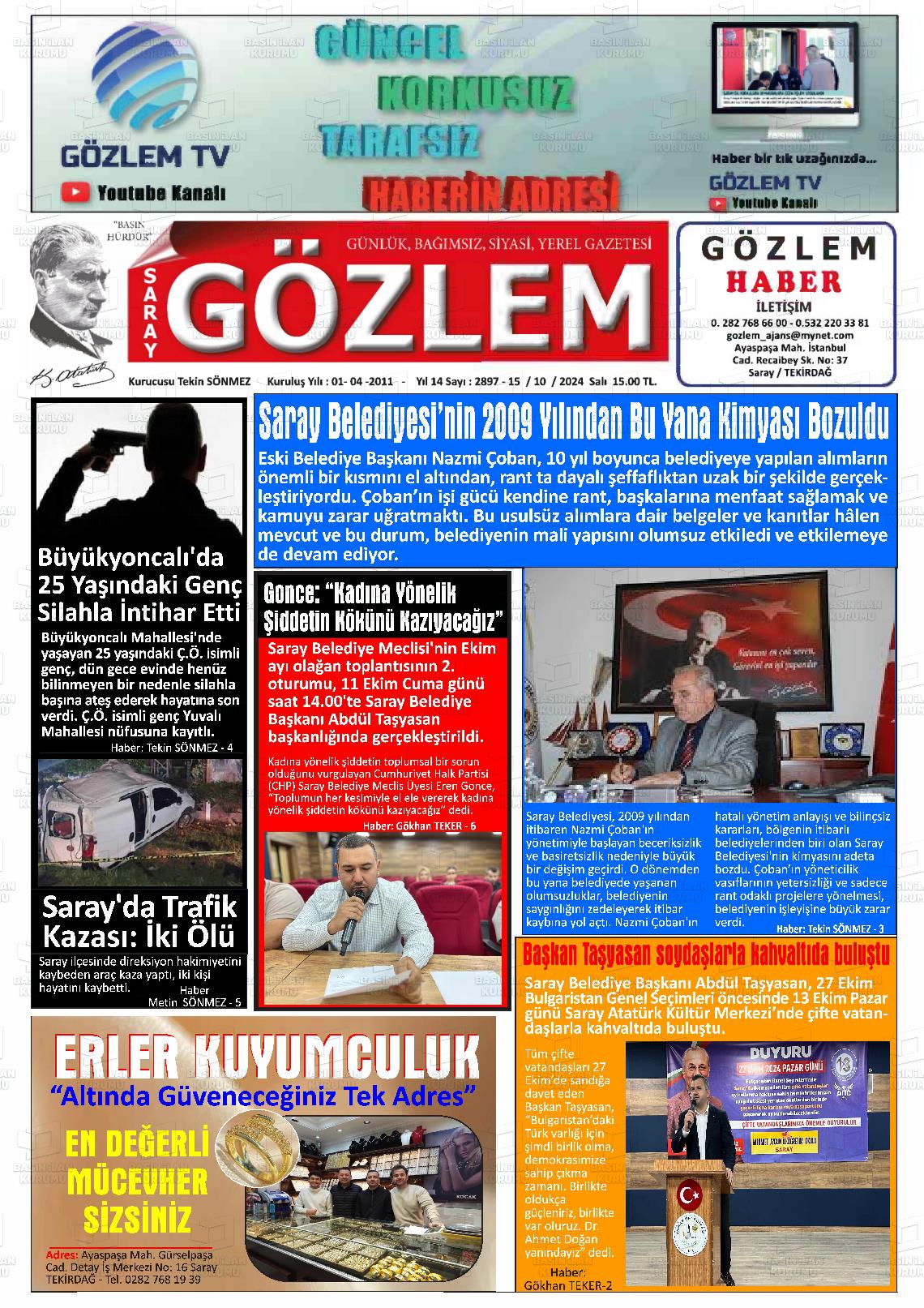 15 Ekim 2024 Saray Gözlem Gazete Manşeti