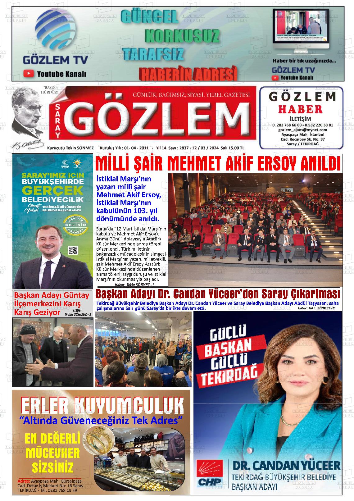 15 Mart 2024 Saray Gözlem Gazete Manşeti