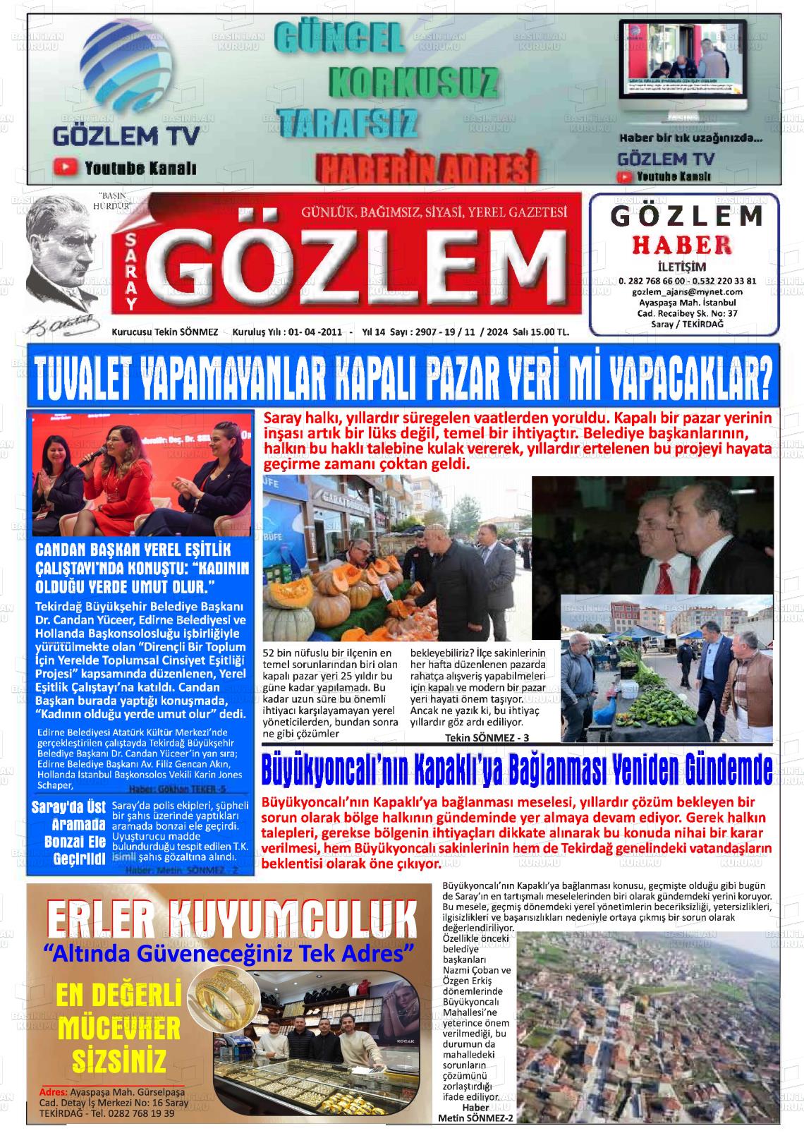 19 Kasım 2024 Saray Gözlem Gazete Manşeti