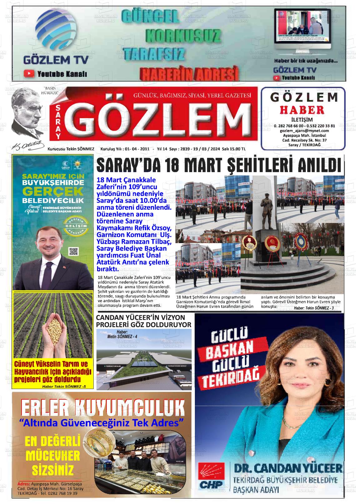 19 Mart 2024 Saray Gözlem Gazete Manşeti