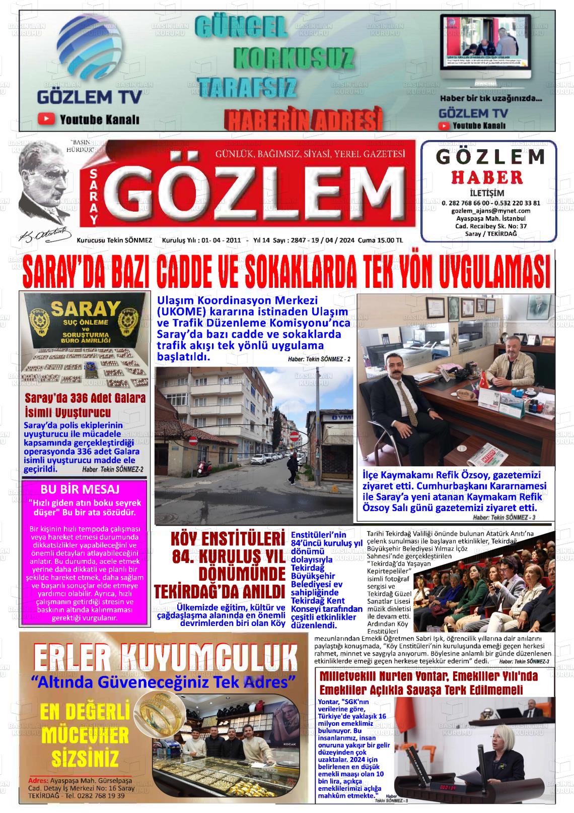 19 Nisan 2024 Saray Gözlem Gazete Manşeti