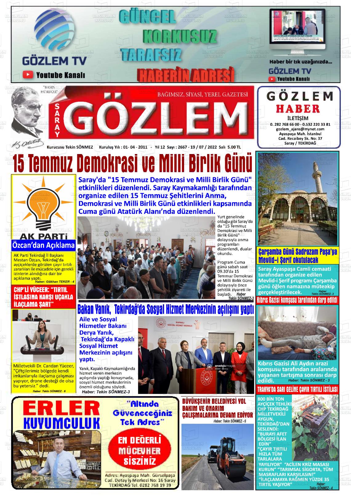 19 Temmuz 2022 Saray Gözlem Gazete Manşeti