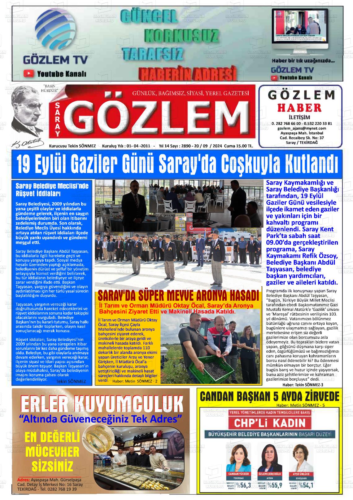 20 Eylül 2024 Saray Gözlem Gazete Manşeti