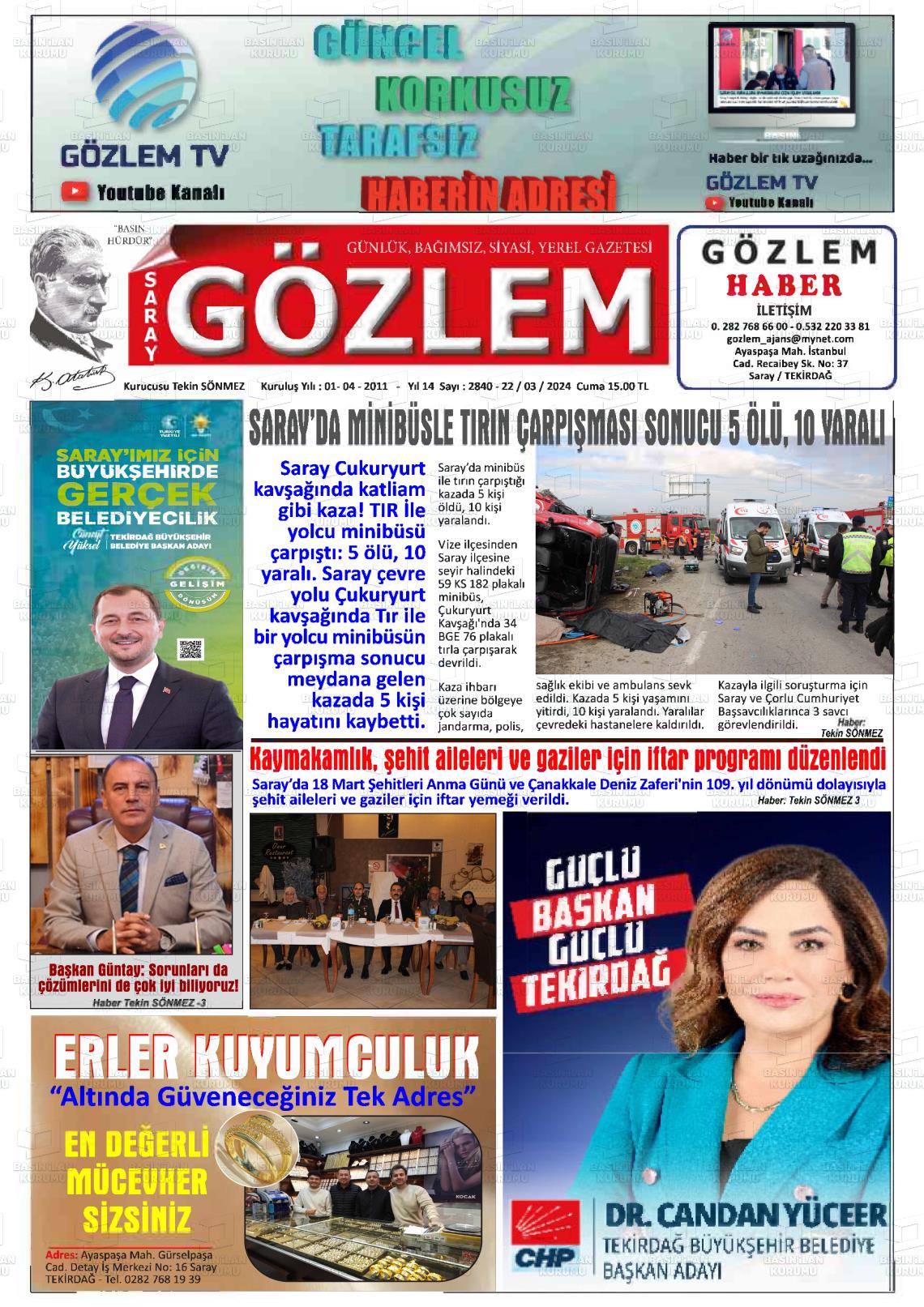 22 Mart 2024 Saray Gözlem Gazete Manşeti