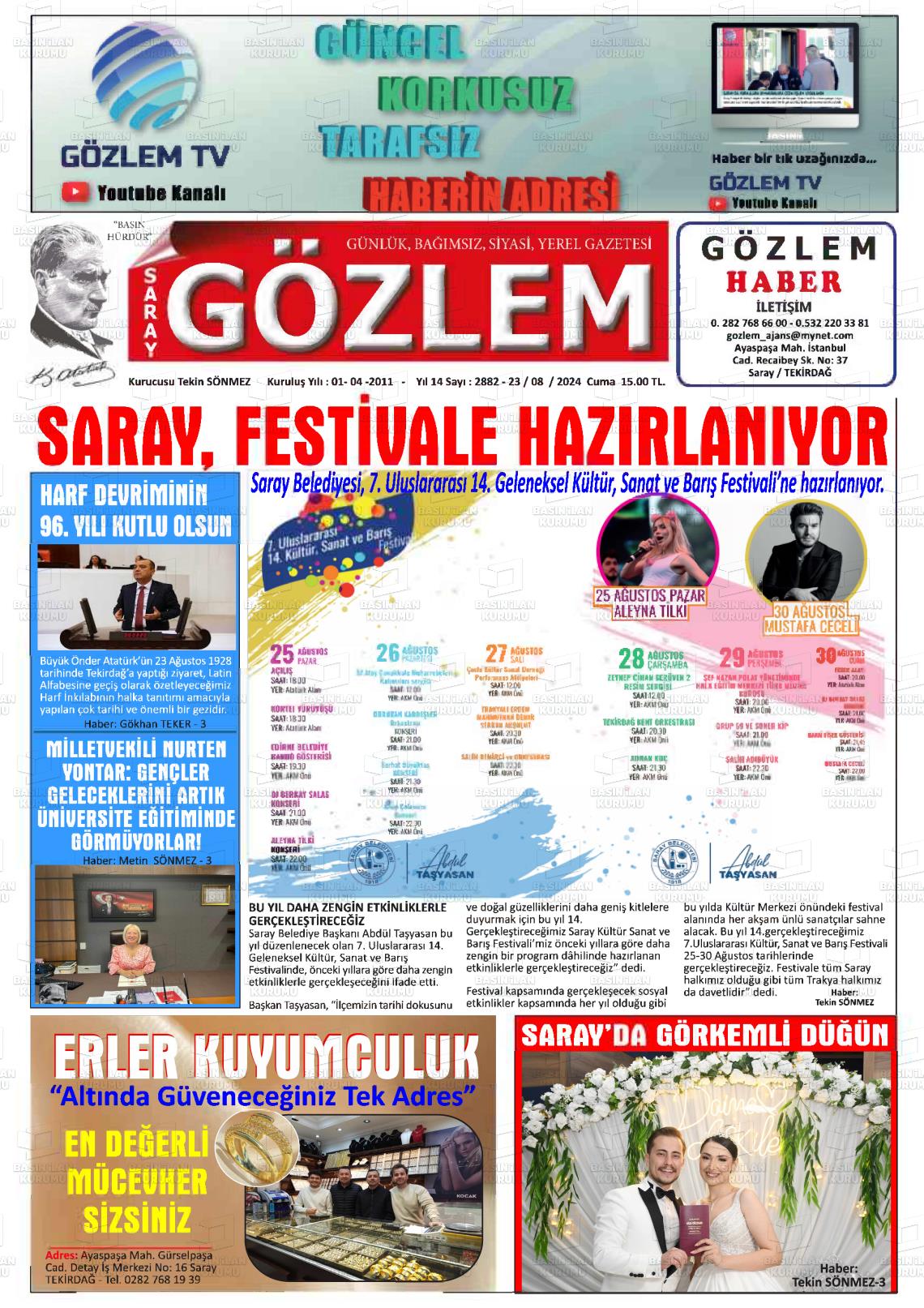 23 Ağustos 2024 Saray Gözlem Gazete Manşeti