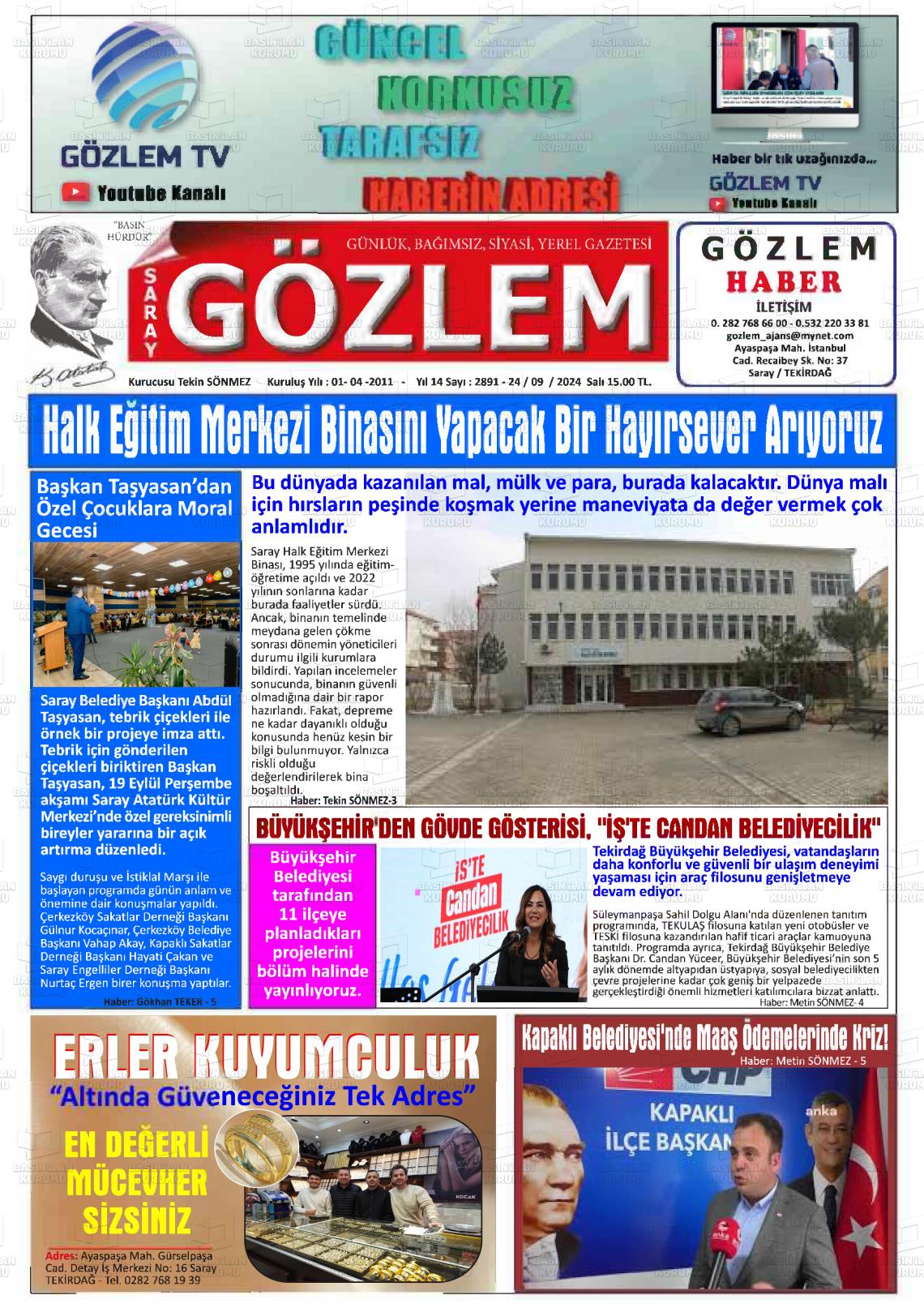 24 Eylül 2024 Saray Gözlem Gazete Manşeti