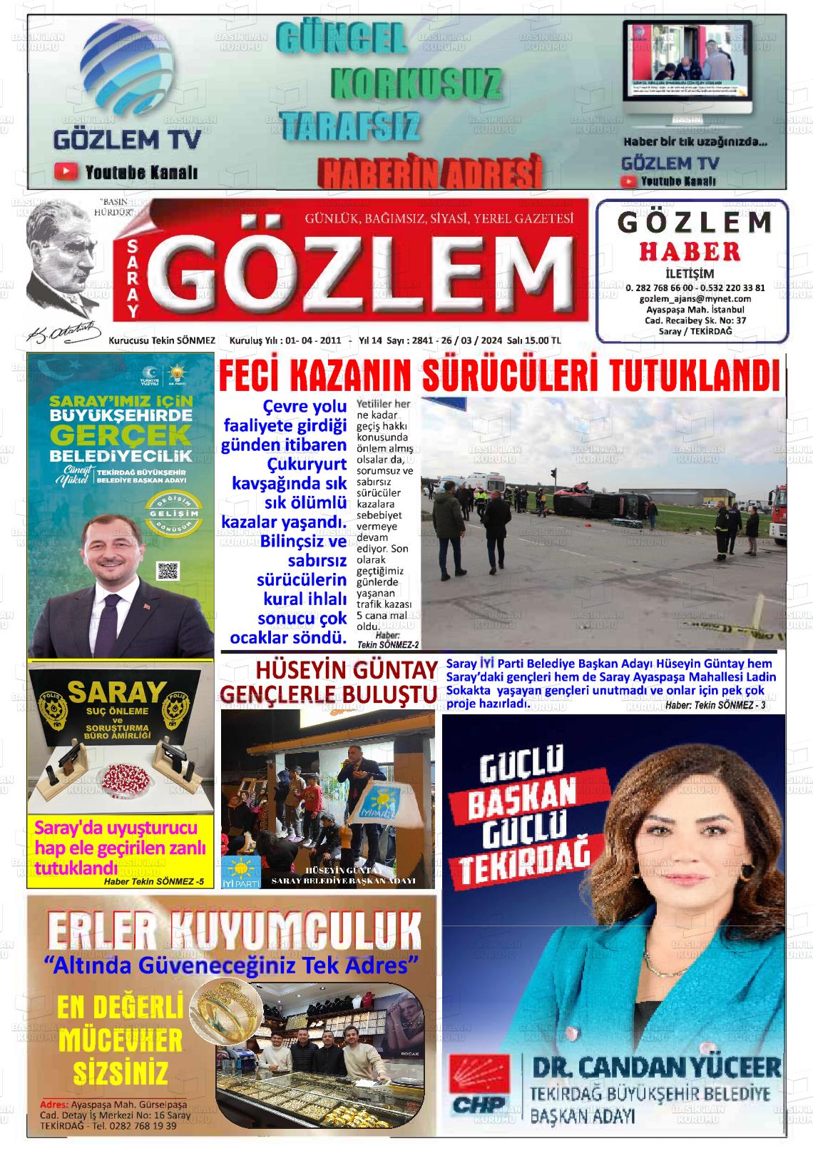 26 Mart 2024 Saray Gözlem Gazete Manşeti