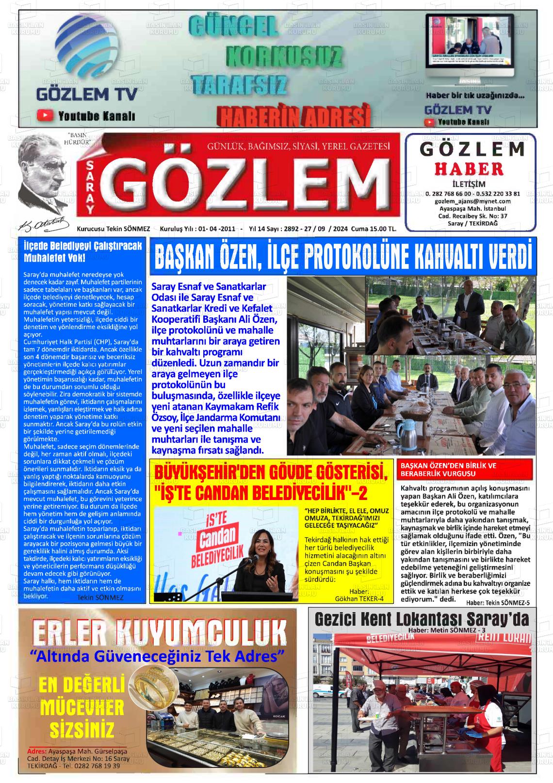 27 Eylül 2024 Saray Gözlem Gazete Manşeti