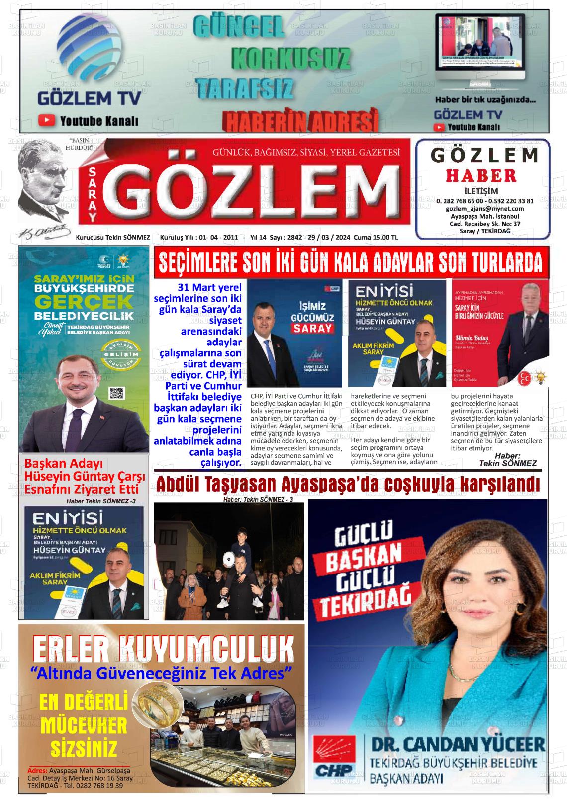 29 Mart 2024 Saray Gözlem Gazete Manşeti