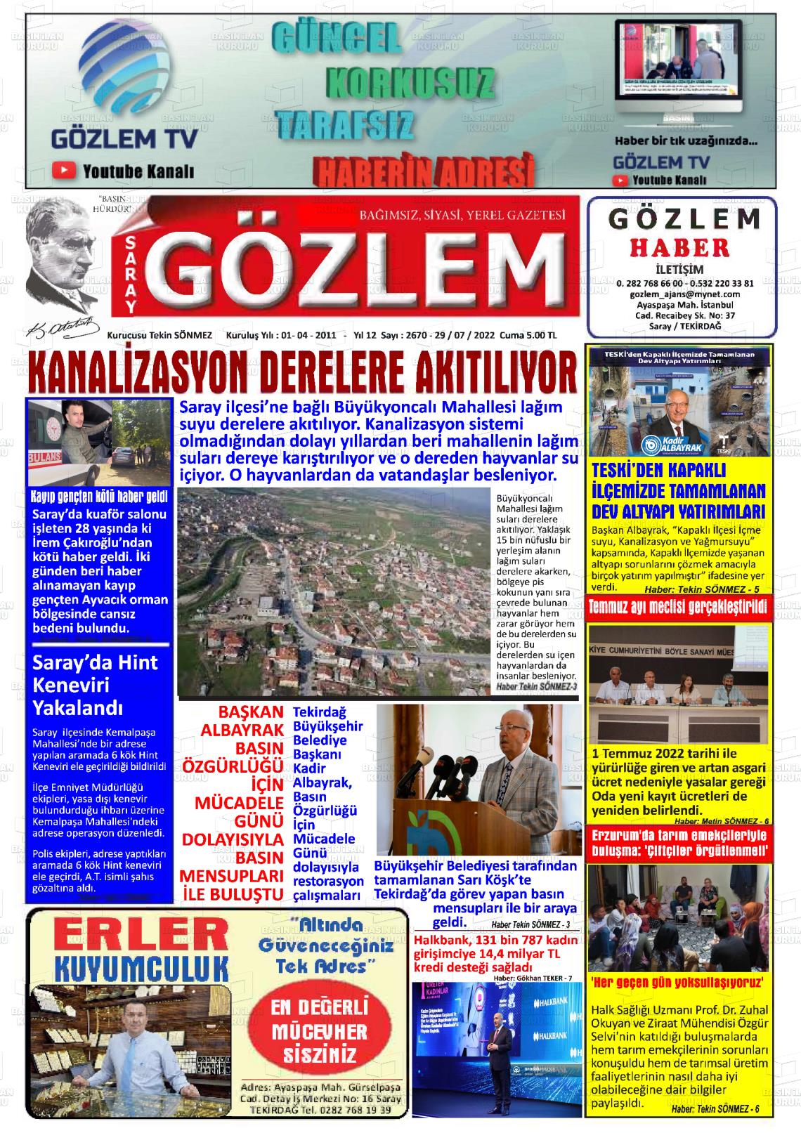 29 Temmuz 2022 Saray Gözlem Gazete Manşeti