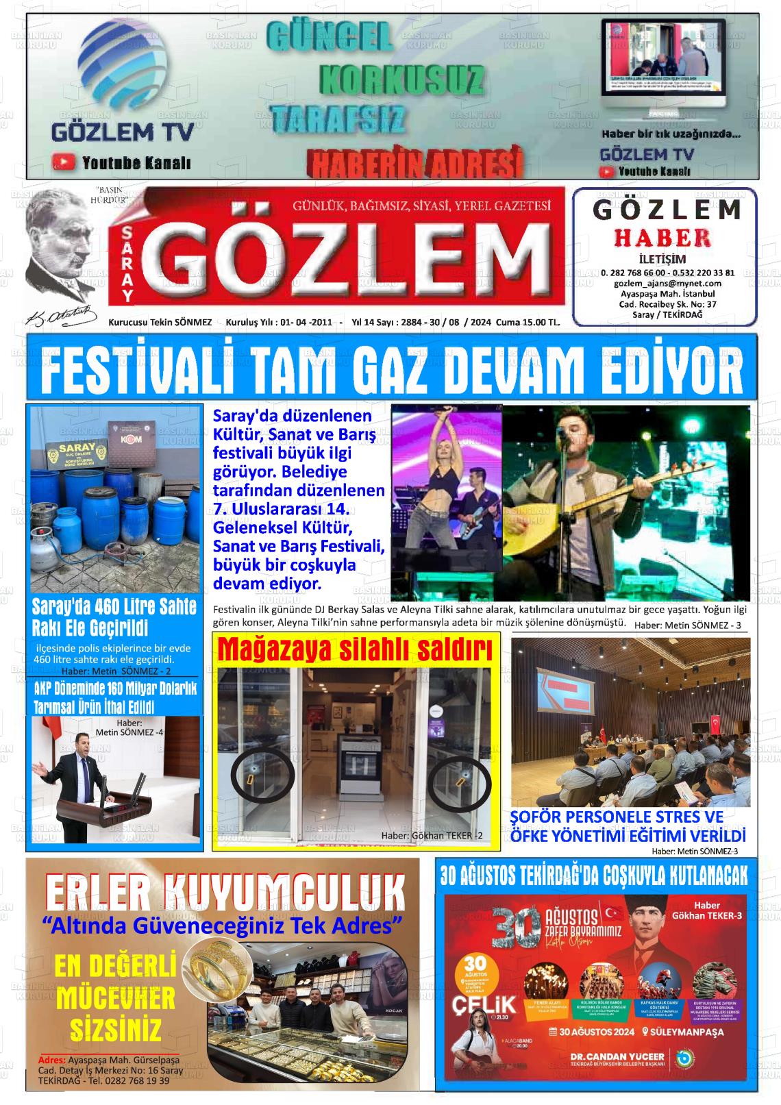 30 Ağustos 2024 Saray Gözlem Gazete Manşeti