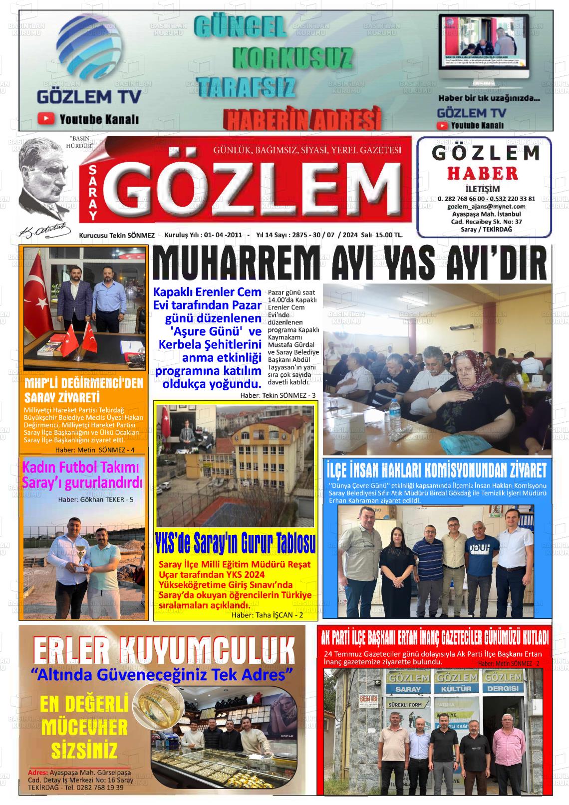 30 Temmuz 2024 Saray Gözlem Gazete Manşeti