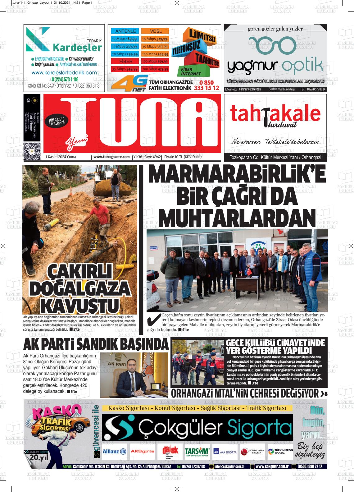 01 Kasım 2024 Tuna Gazete Manşeti