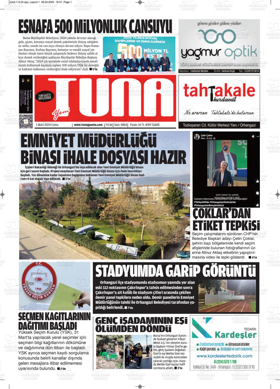 01 Mart 2024 Tuna Gazete Manşeti