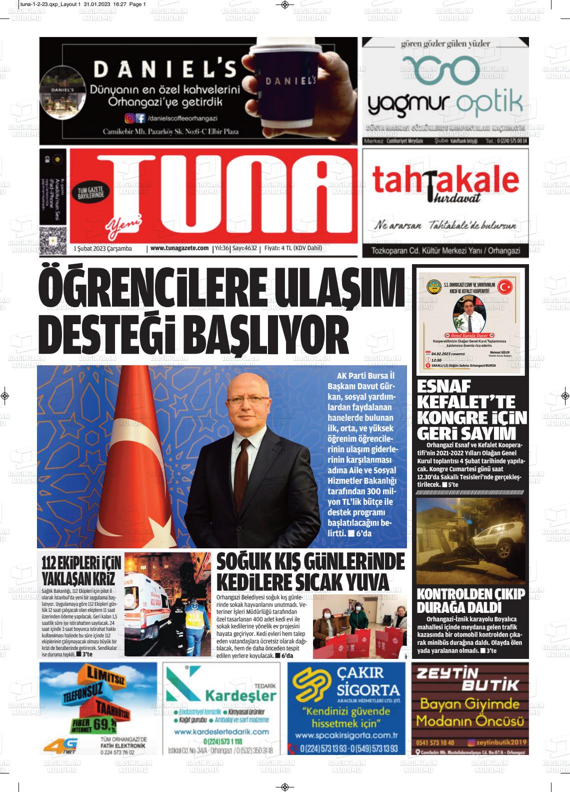 01 Şubat 2023 Tuna Gazete Manşeti