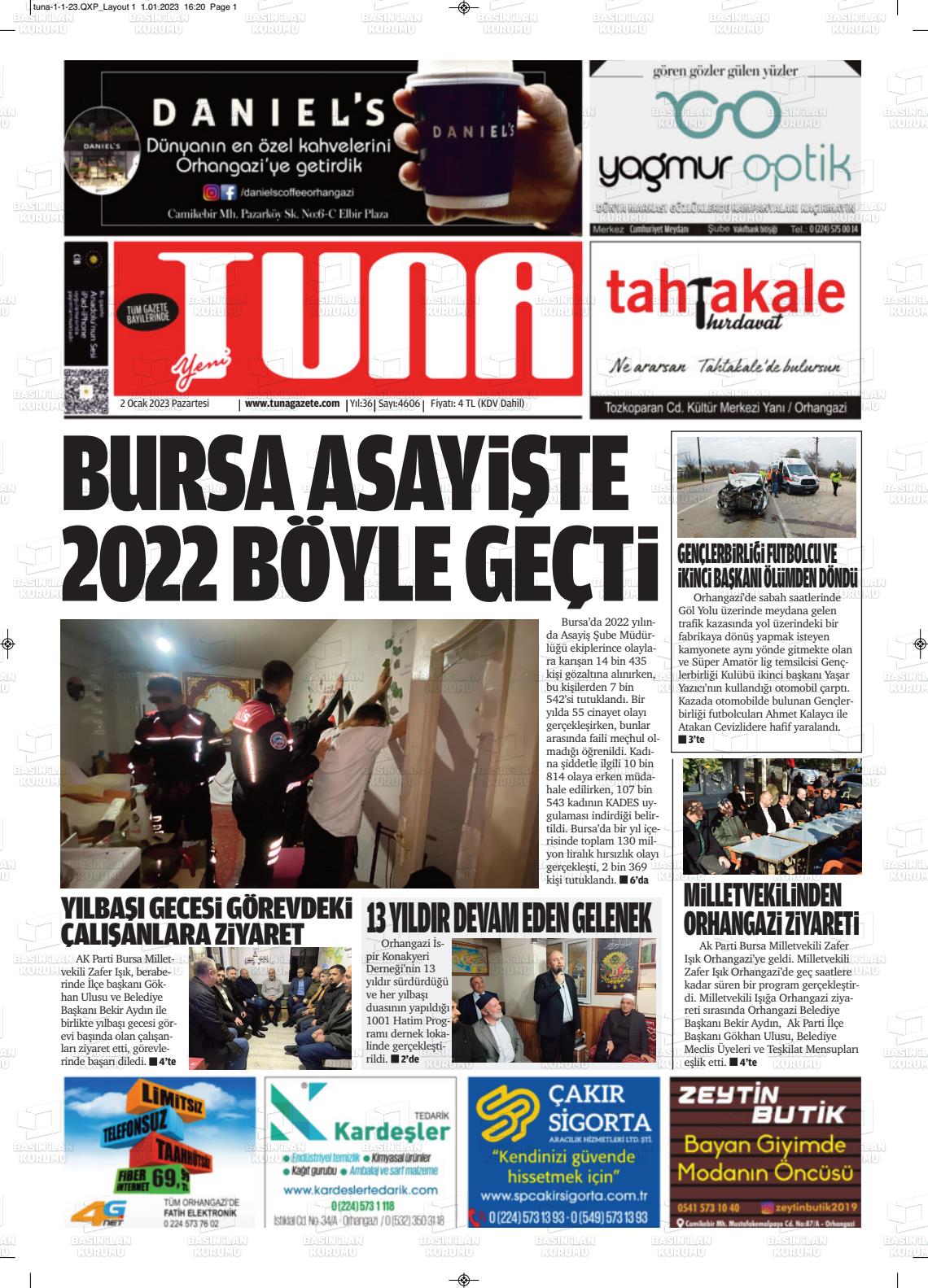 02 Ocak 2023 Tuna Gazete Manşeti