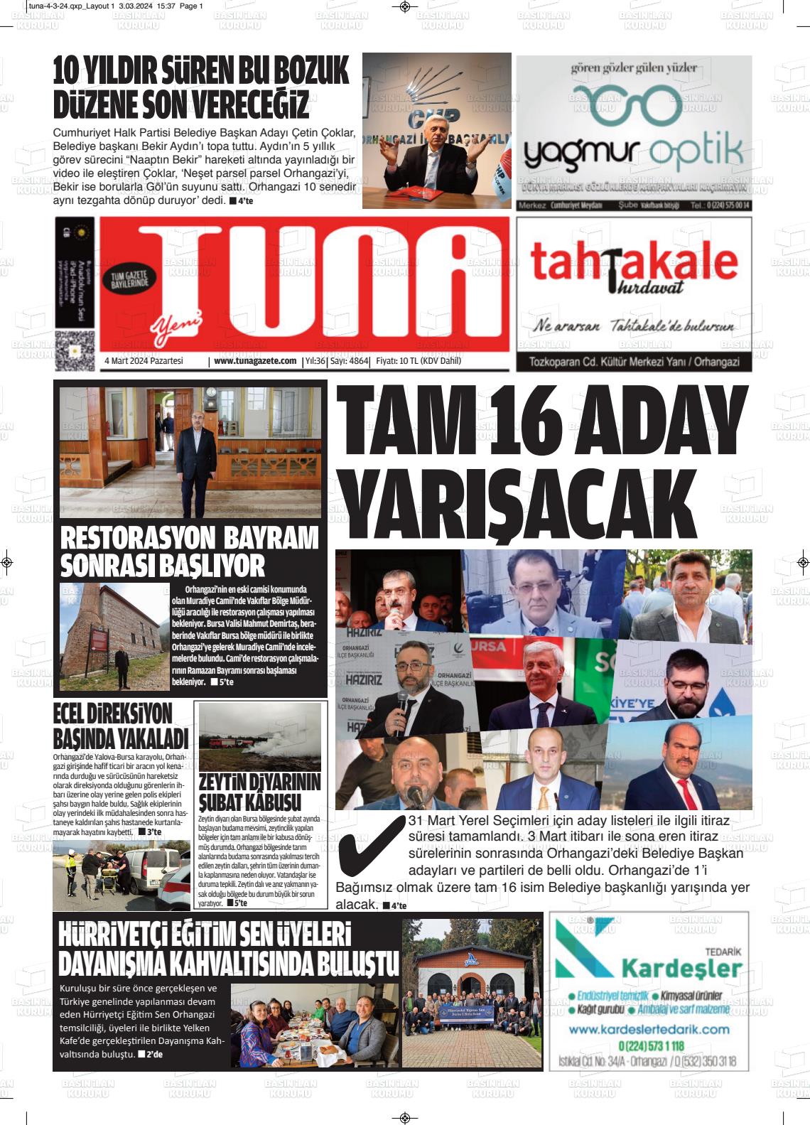 04 Mart 2024 Tuna Gazete Manşeti