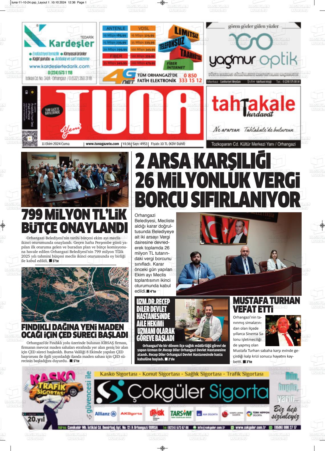 11 Ekim 2024 Tuna Gazete Manşeti