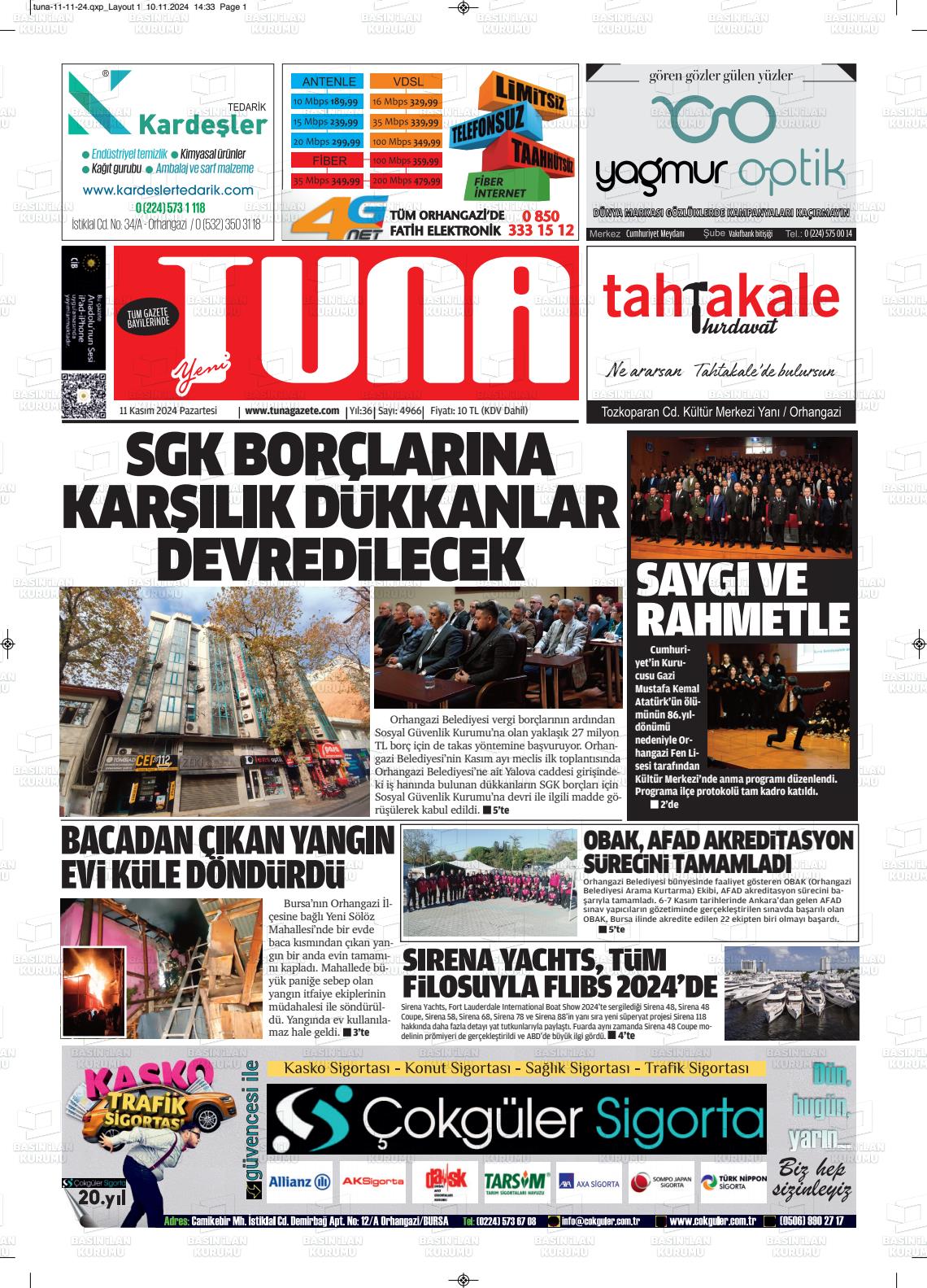 11 Kasım 2024 Tuna Gazete Manşeti