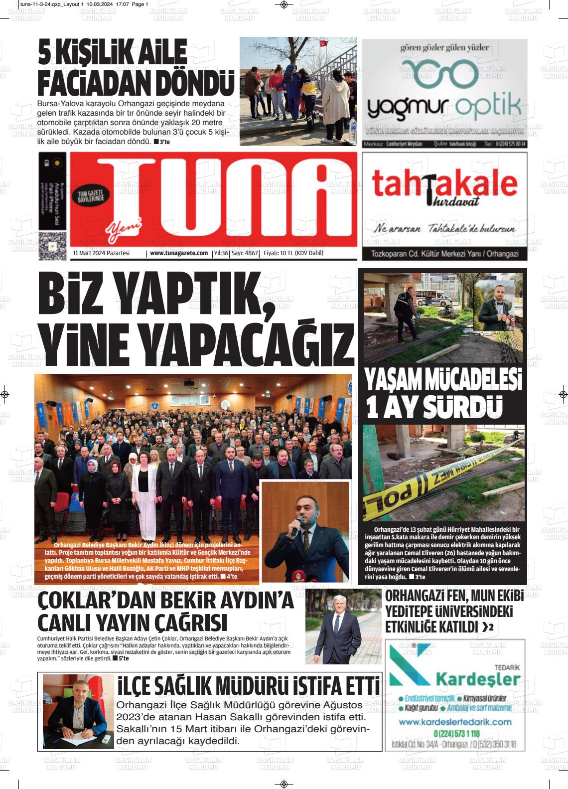 11 Mart 2024 Tuna Gazete Manşeti