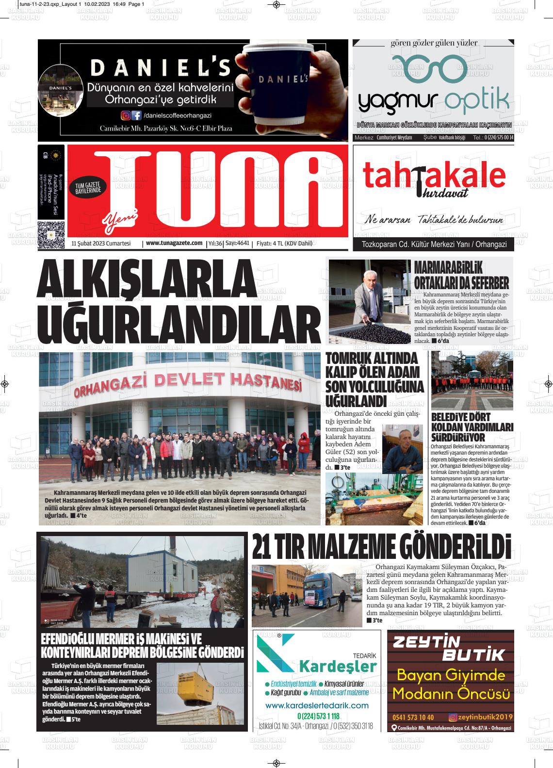 11 Şubat 2023 Tuna Gazete Manşeti