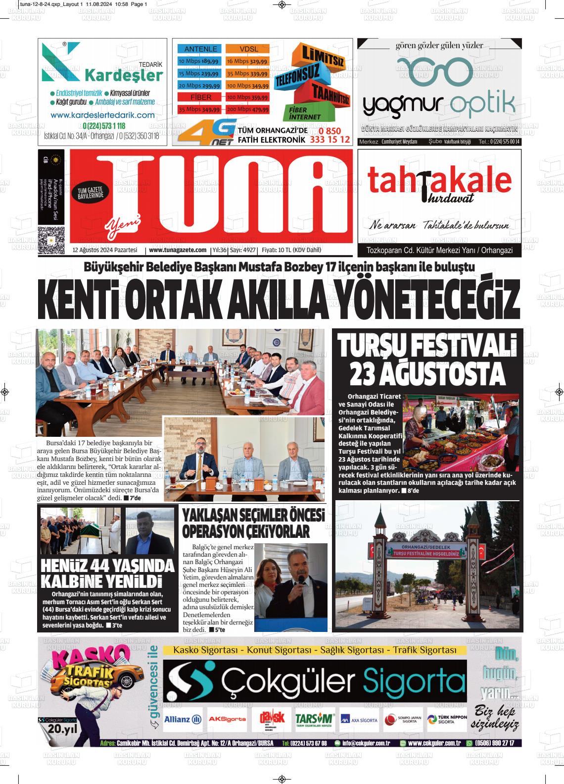 12 Ağustos 2024 Tuna Gazete Manşeti