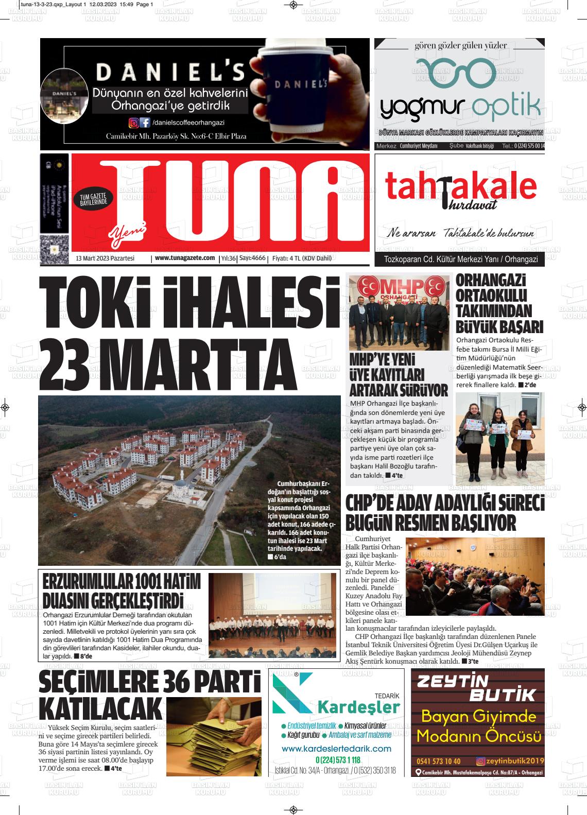 13 Mart 2023 Tuna Gazete Manşeti