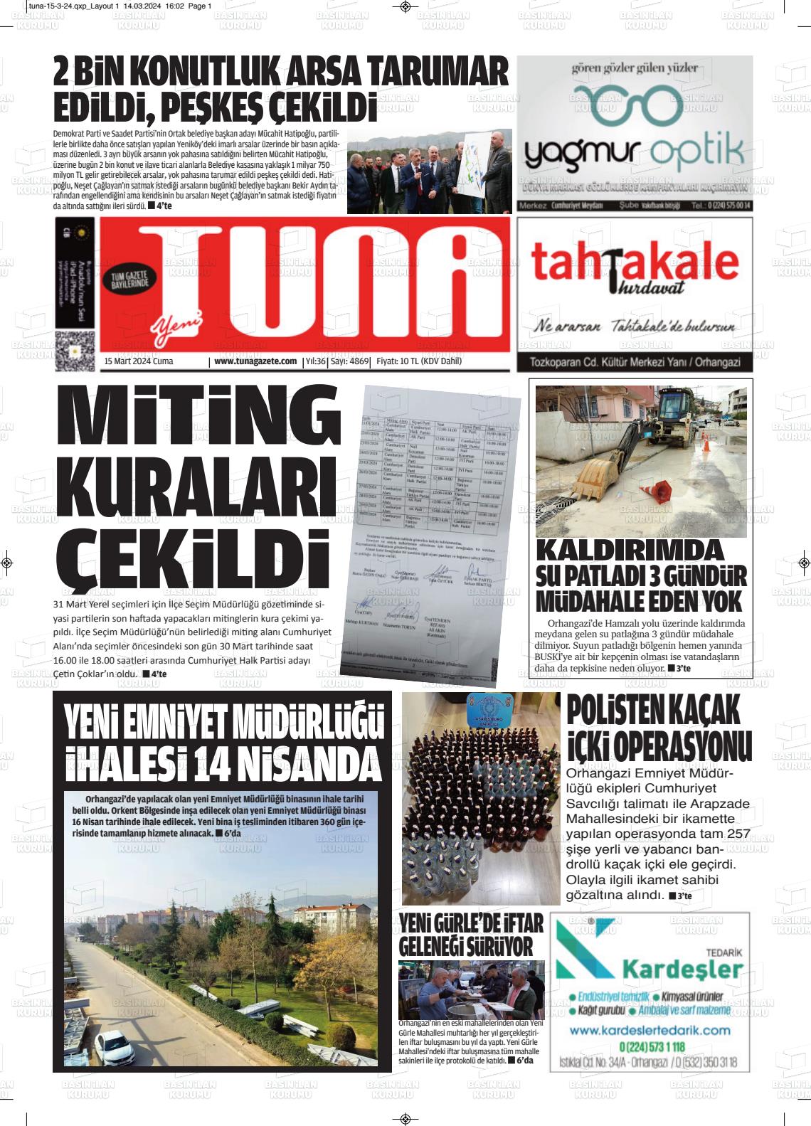 15 Mart 2024 Tuna Gazete Manşeti