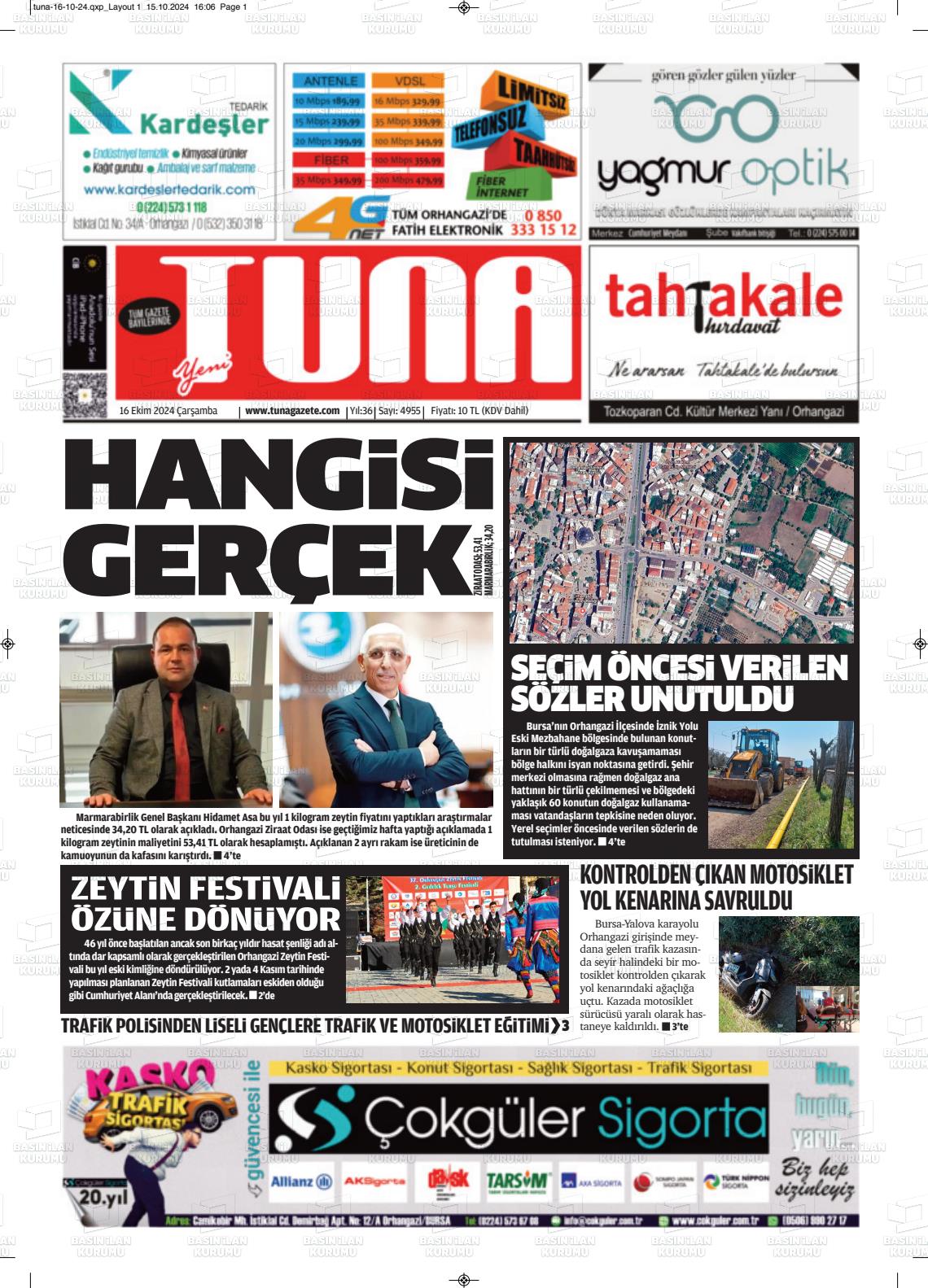 16 Ekim 2024 Tuna Gazete Manşeti