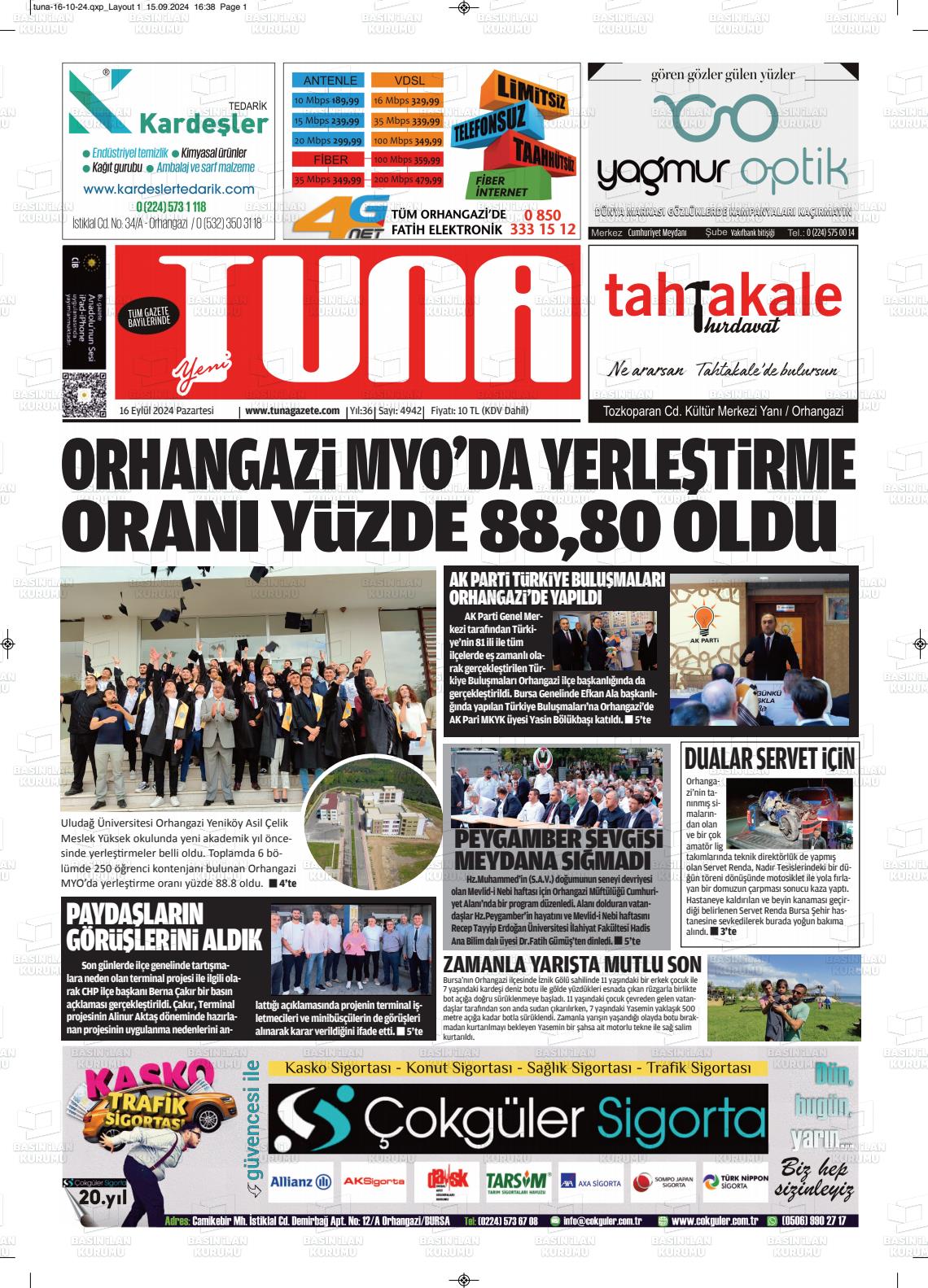 16 Eylül 2024 Tuna Gazete Manşeti