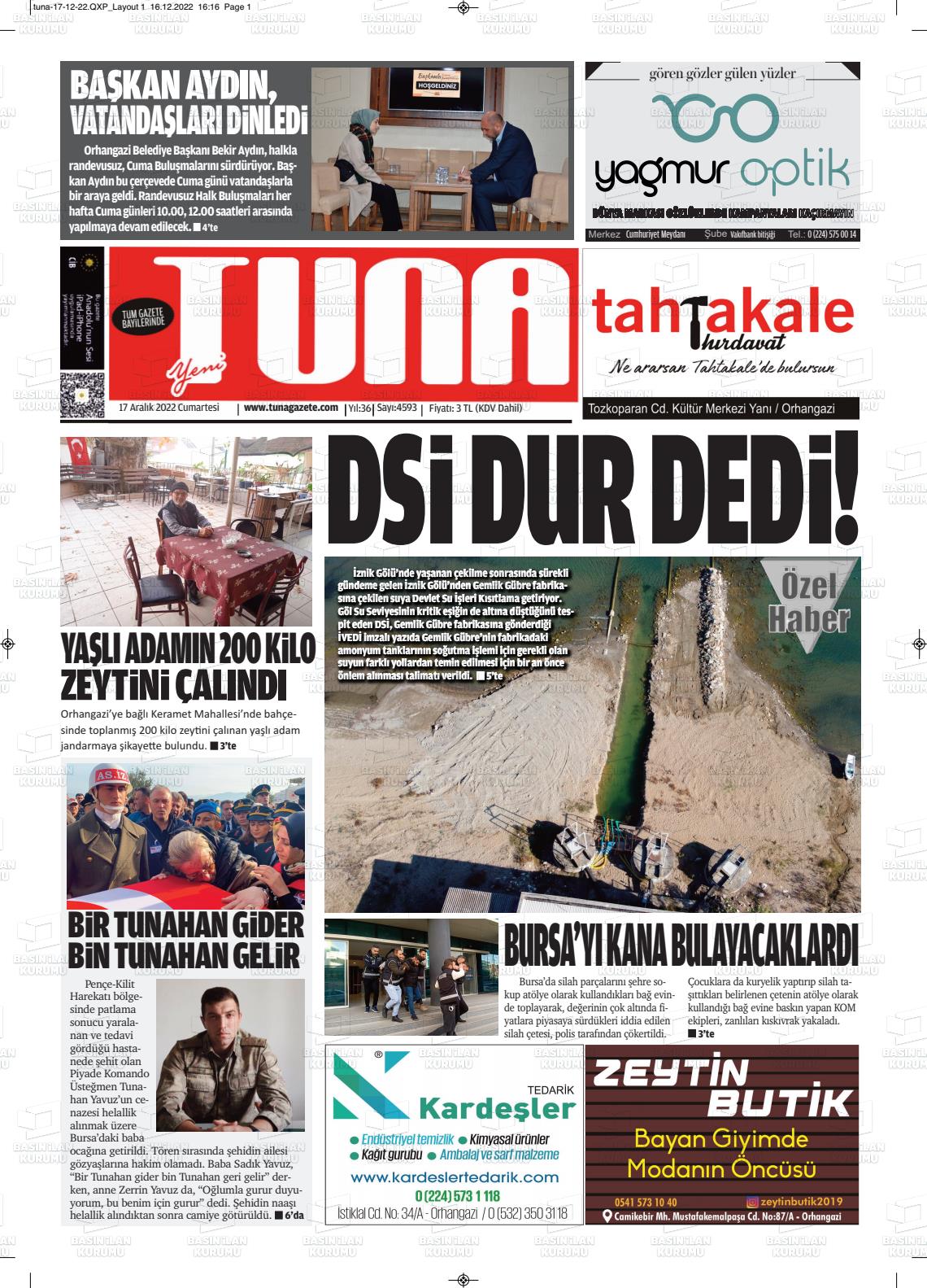 17 Aralık 2022 Tuna Gazete Manşeti