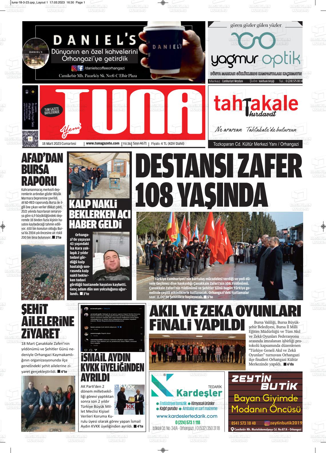 18 Mart 2023 Tuna Gazete Manşeti