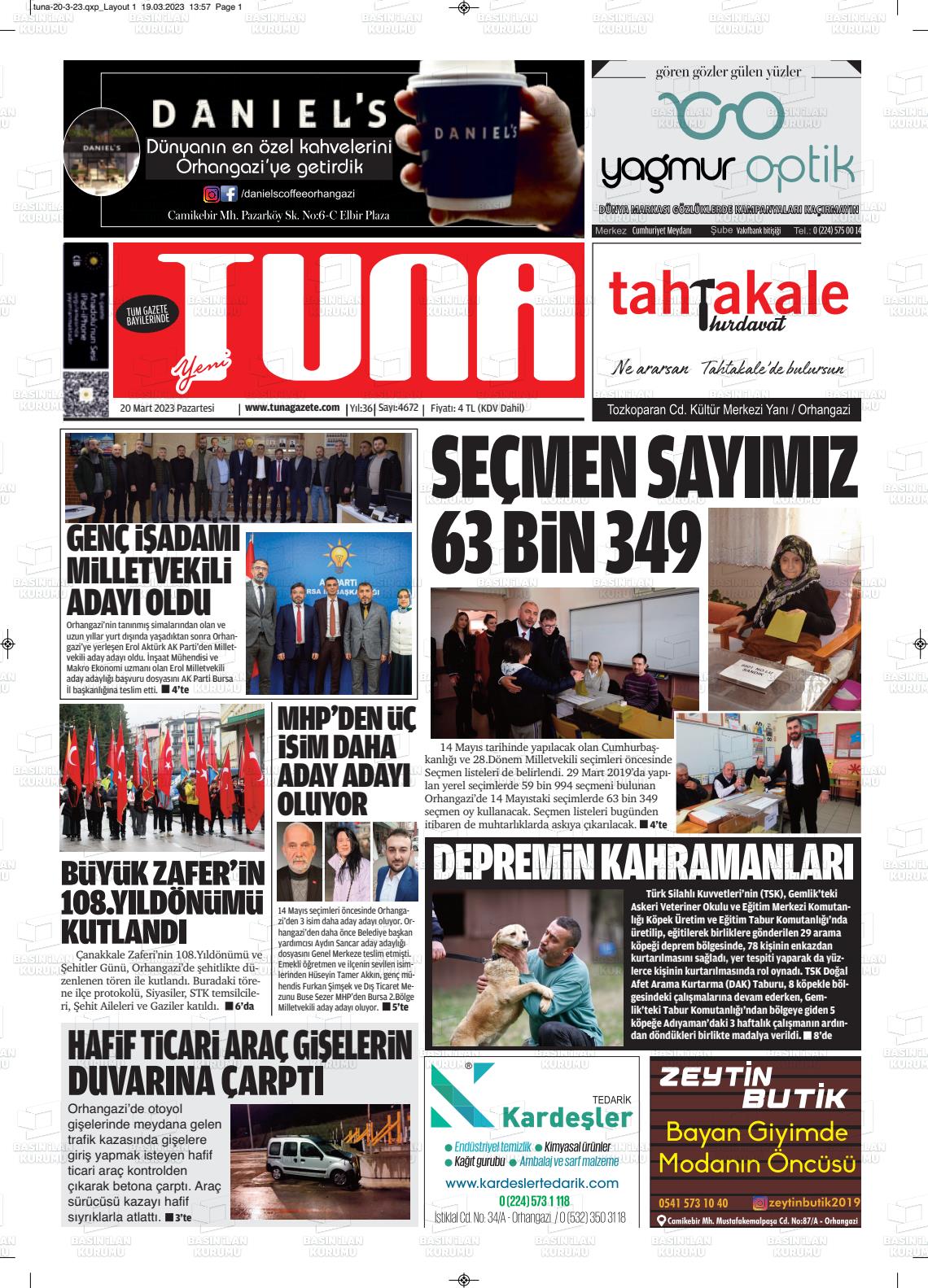 20 Mart 2023 Tuna Gazete Manşeti