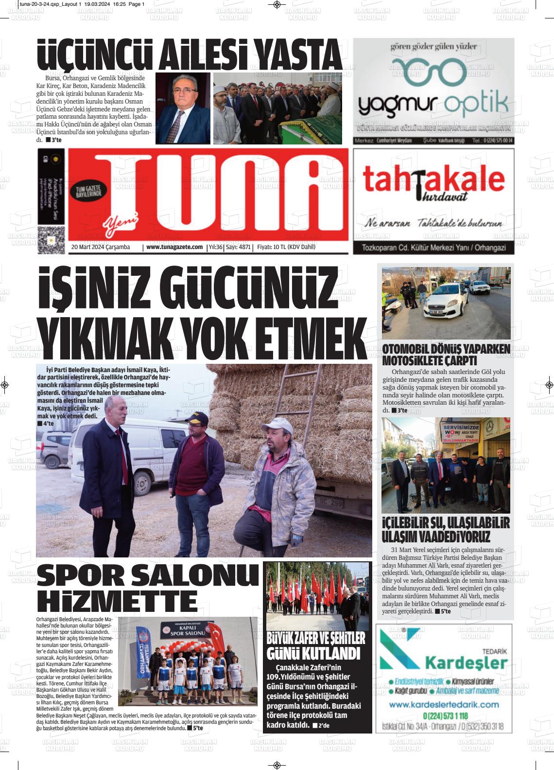 20 Mart 2024 Tuna Gazete Manşeti