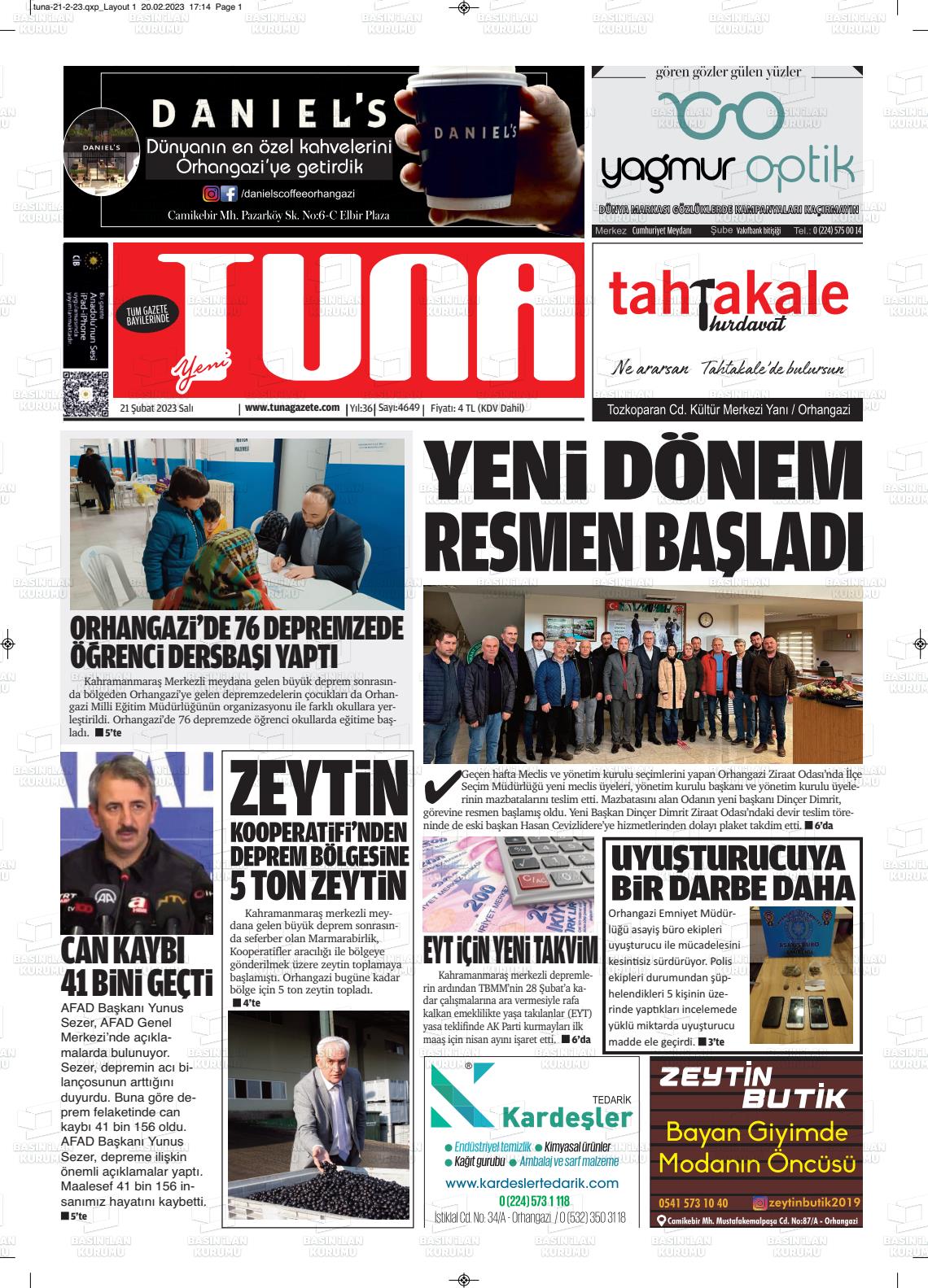 21 Nisan 2023 Tuna Gazete Manşeti