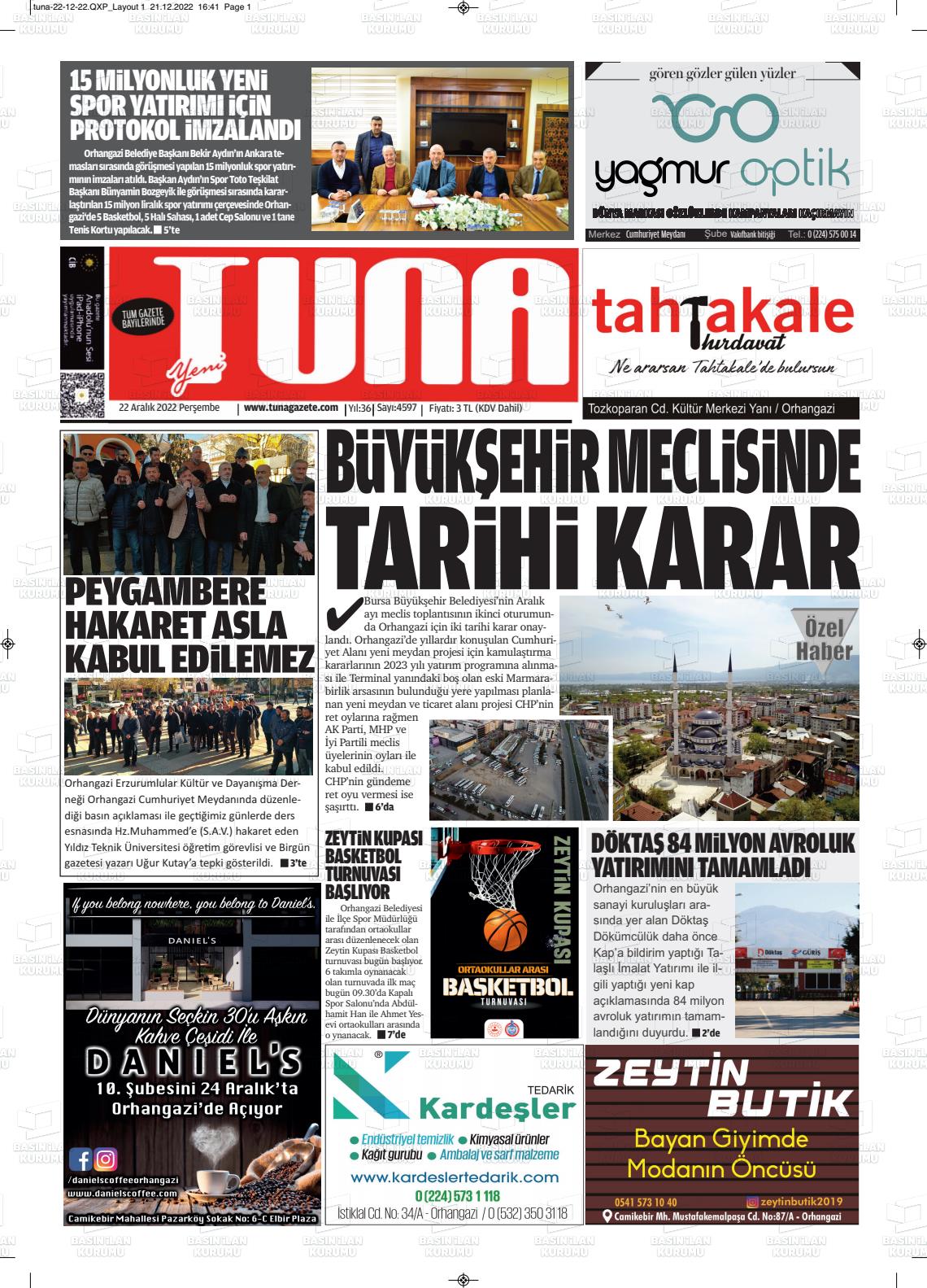 22 Aralık 2022 Tuna Gazete Manşeti