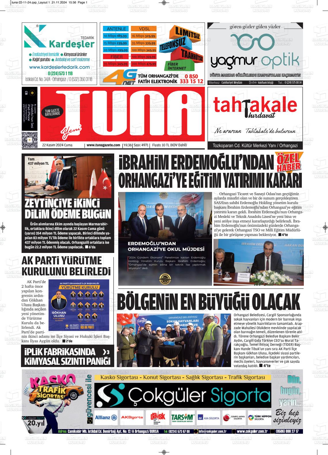 22 Kasım 2024 Tuna Gazete Manşeti