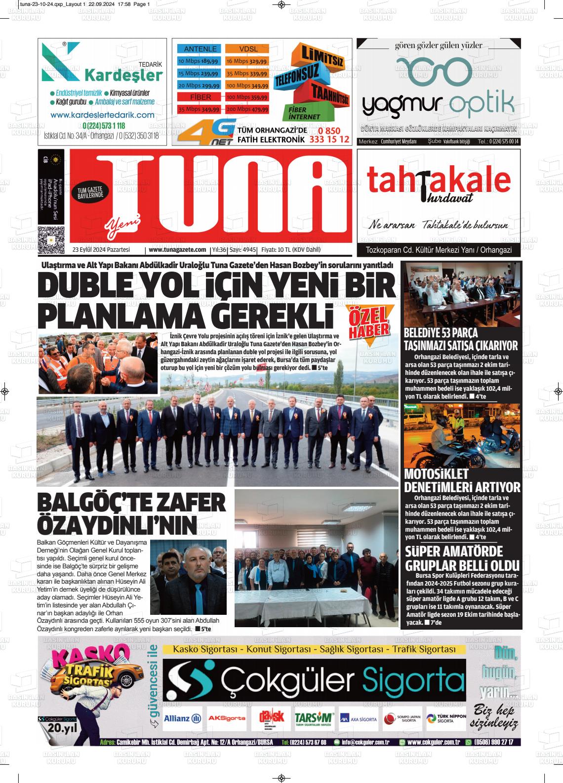 23 Eylül 2024 Tuna Gazete Manşeti