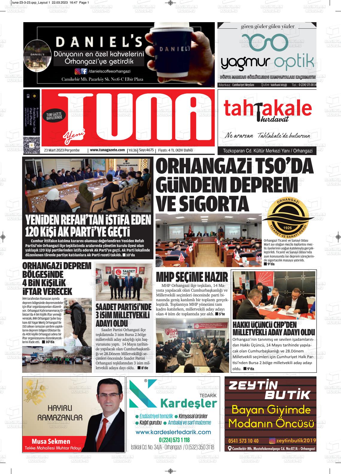 23 Mart 2023 Tuna Gazete Manşeti