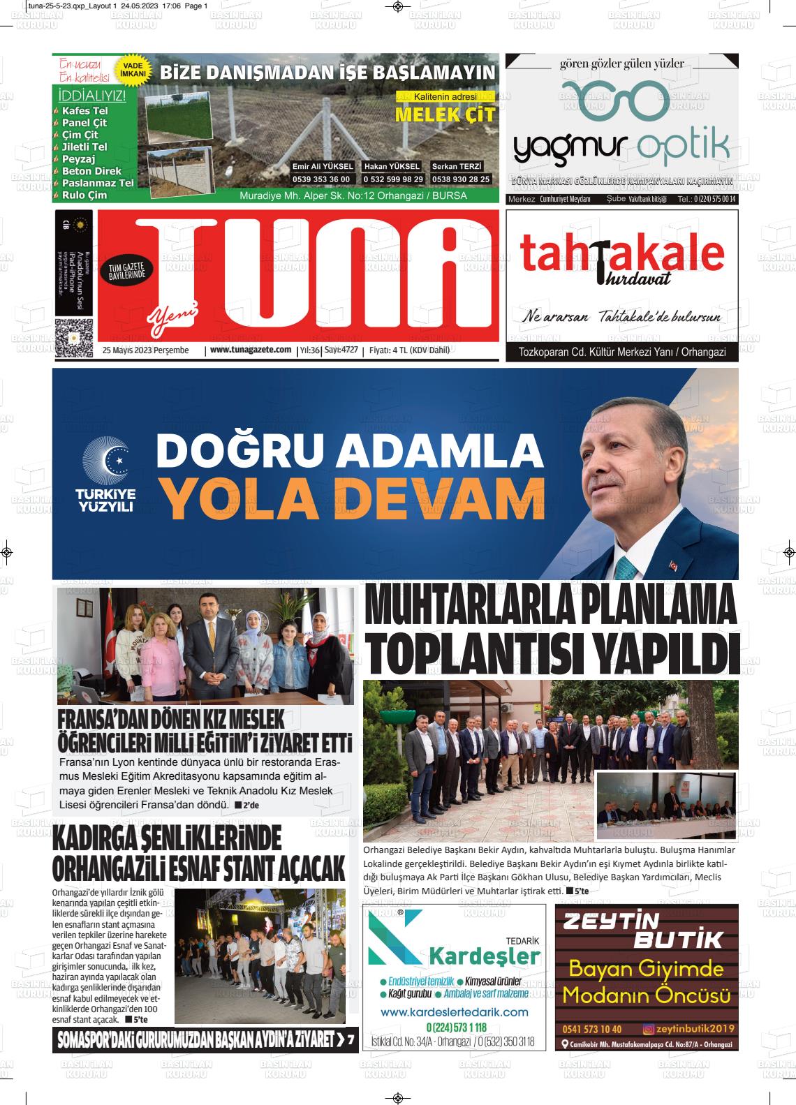 25 Mayıs 2023 Tuna Gazete Manşeti