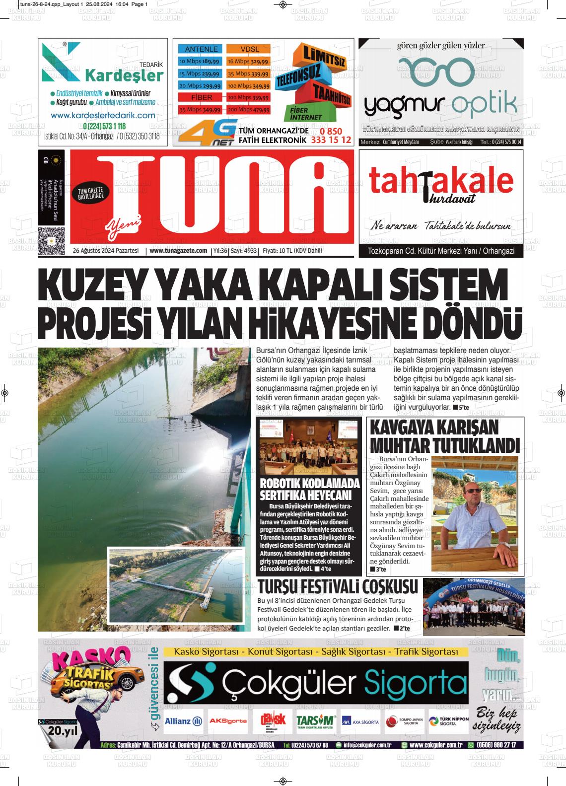 26 Ağustos 2024 Tuna Gazete Manşeti