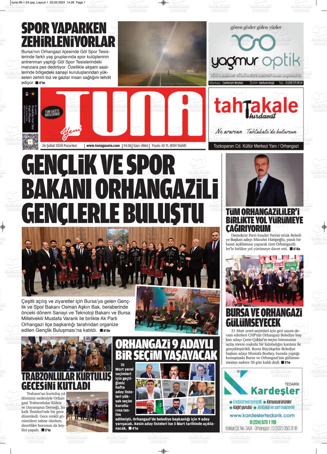 26 Şubat 2024 Tuna Gazete Manşeti