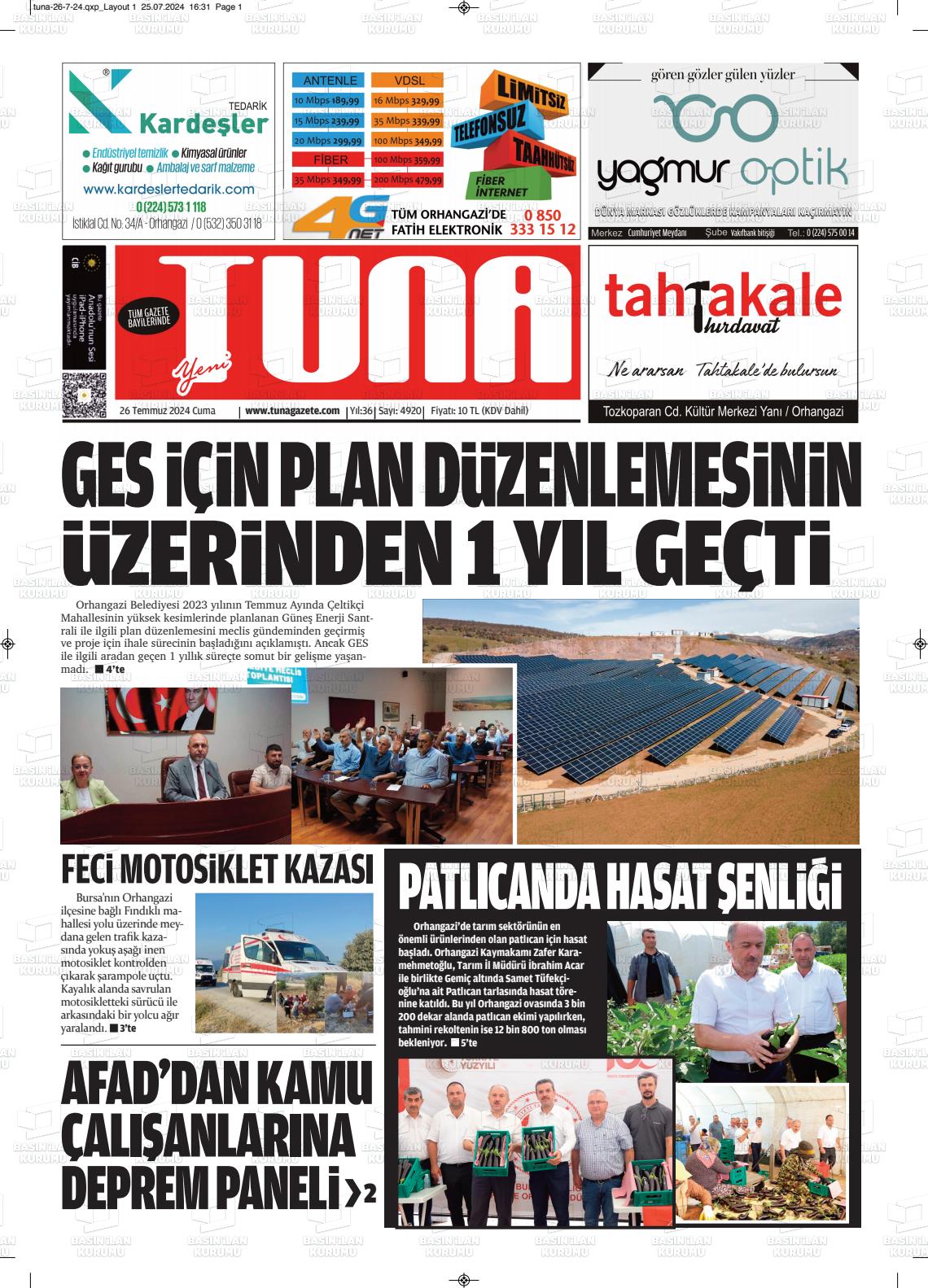 27 Temmuz 2024 Tuna Gazete Manşeti