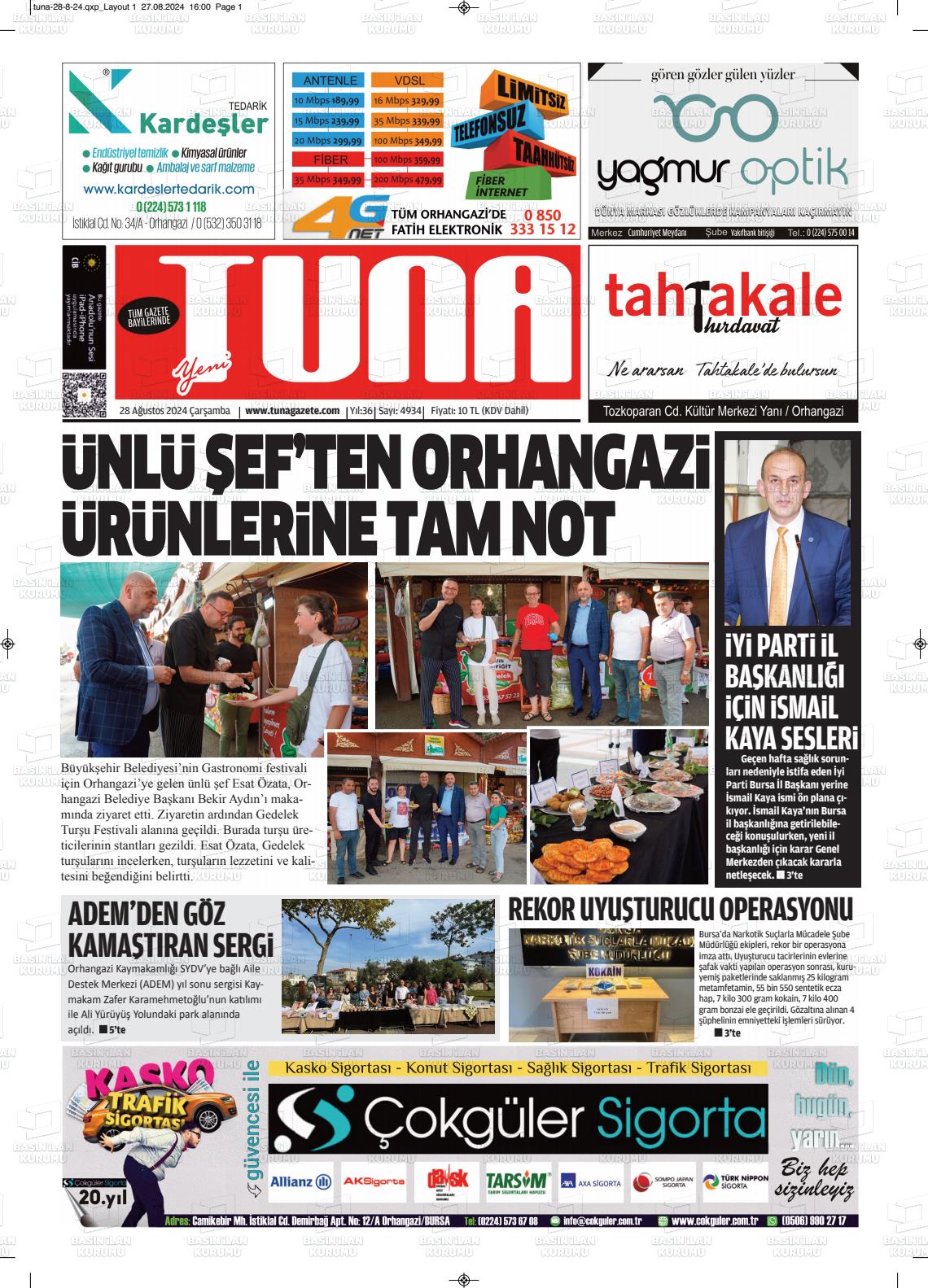 28 Ağustos 2024 Tuna Gazete Manşeti