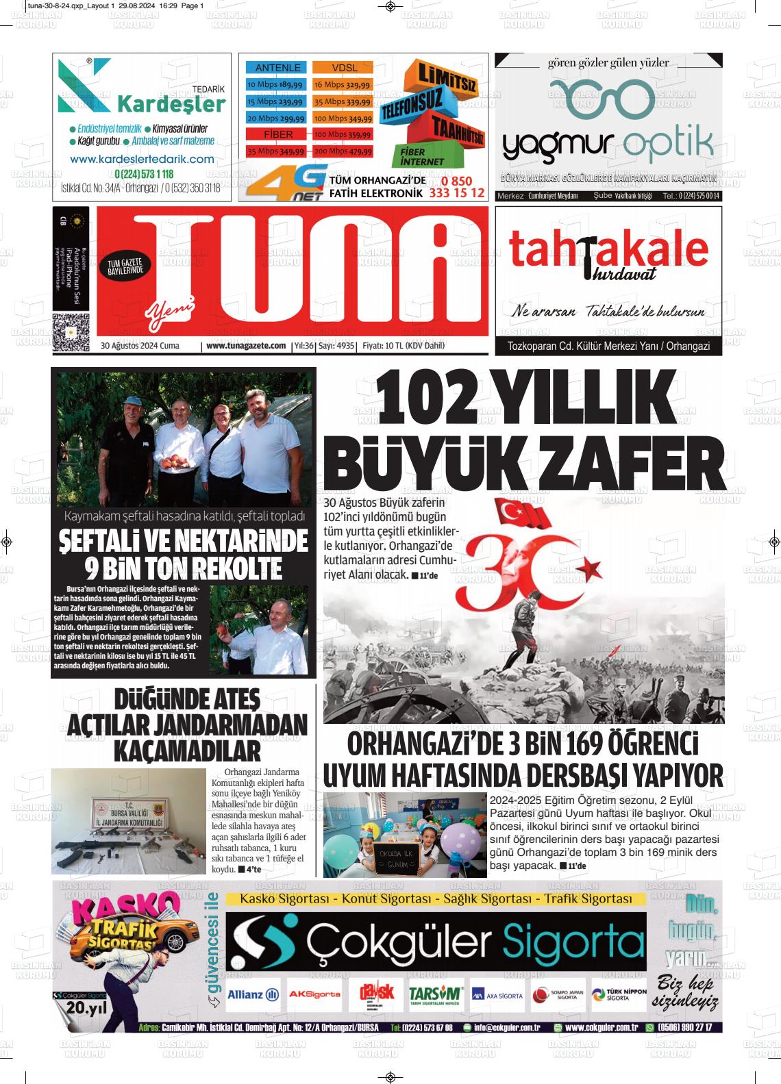 30 Ağustos 2024 Tuna Gazete Manşeti