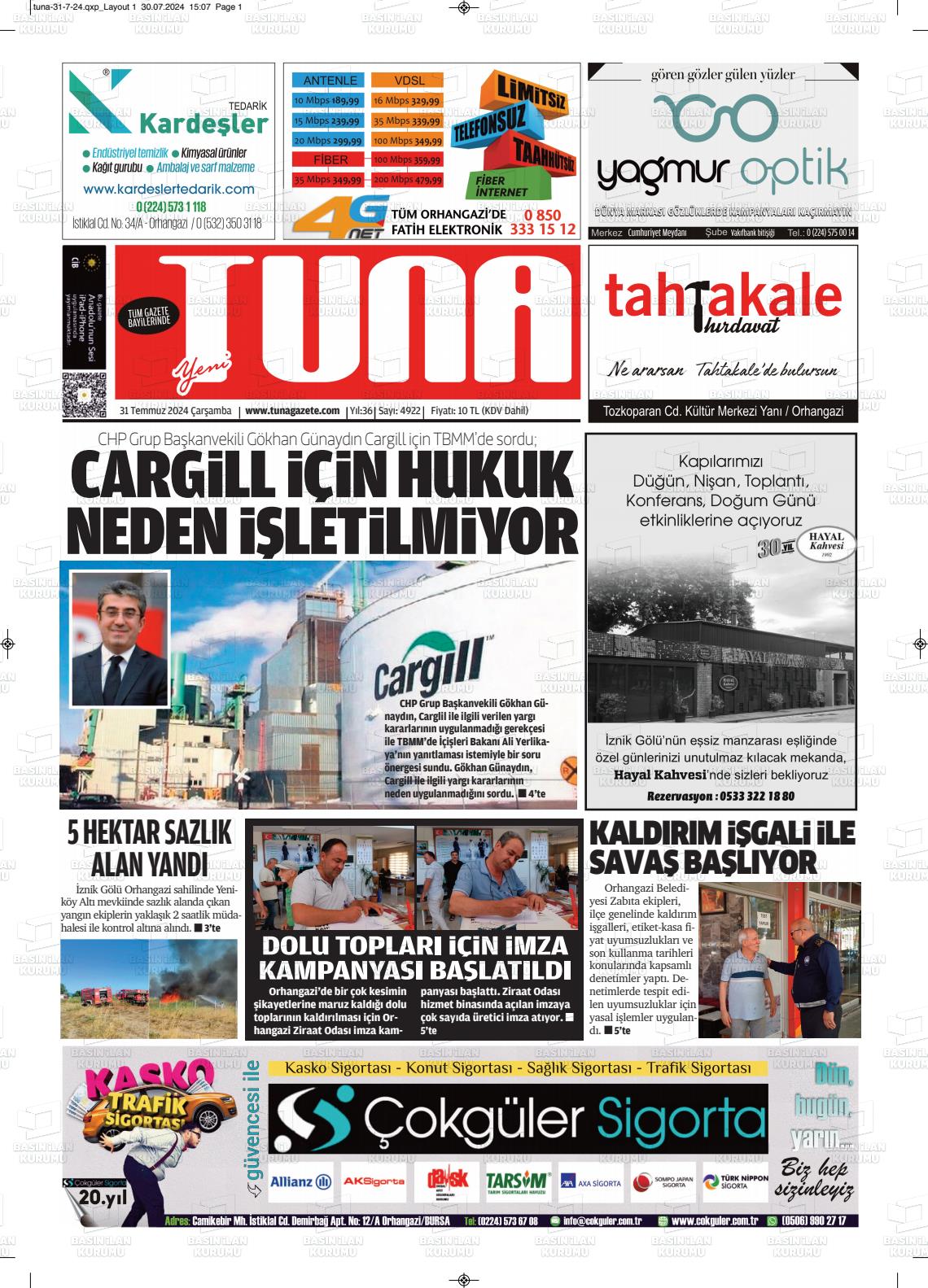 31 Temmuz 2024 Tuna Gazete Manşeti