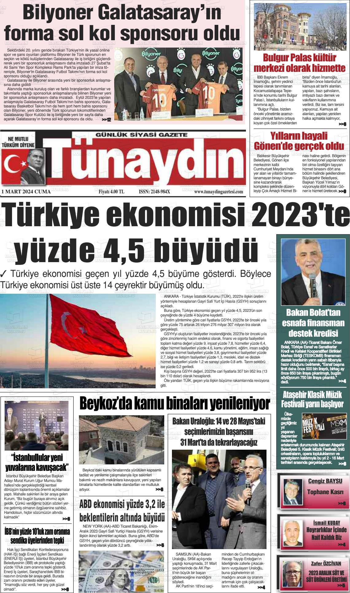 01 Mart 2024 Tünaydın Gazete Manşeti